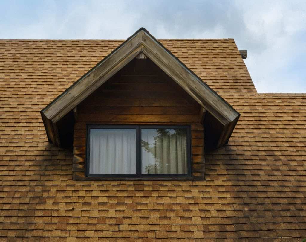 shingled roof with dormer and algae stains